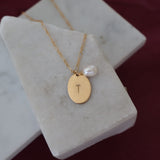 Oval 'T' Stamped Initial Necklace & Pearl Charm