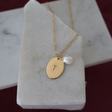 Oval 'T' Stamped Initial Necklace & Pearl Charm