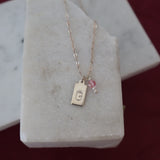 Stamped G & Pink Stone Necklace