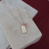 Stamped G & Pink Stone Necklace