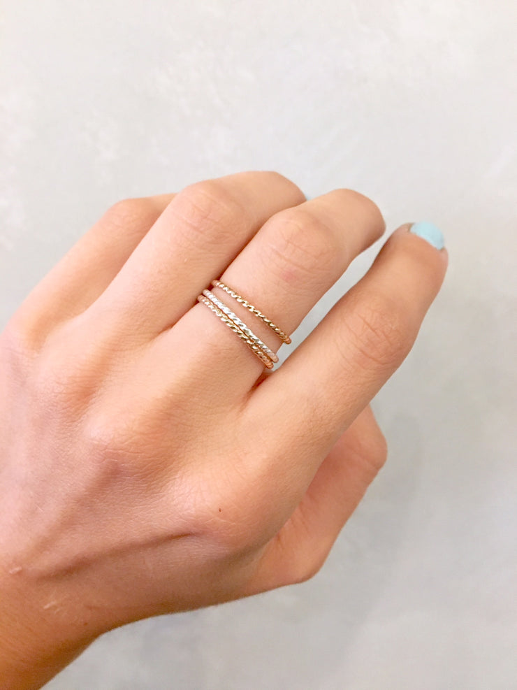 Rose, Yellow Gold & Silver Twisted ring set 